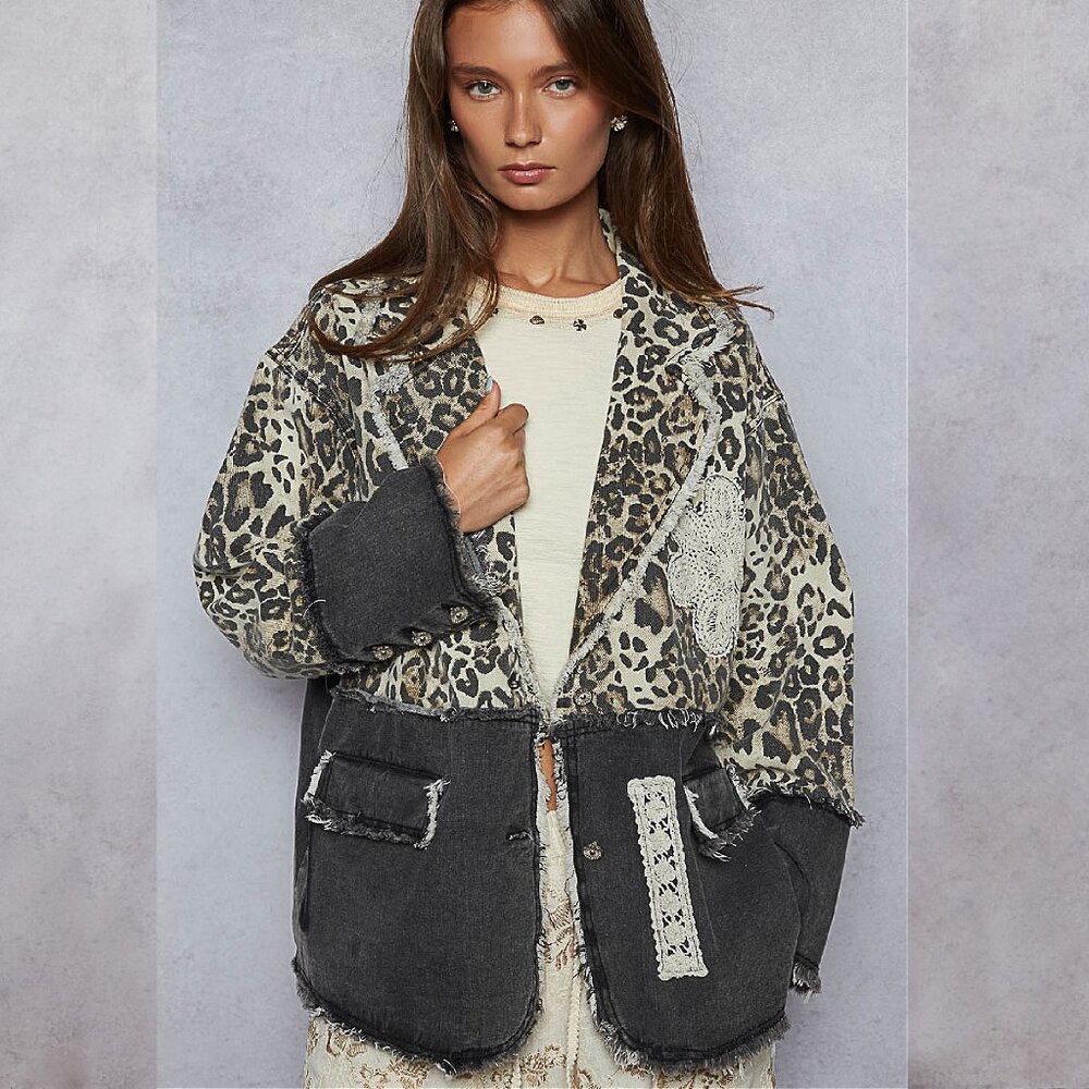 POL Leopard and Black Denim Jacket